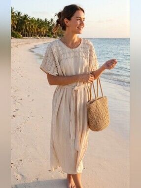 House of CUCA Natural Raw Cotton Cowrie Shell Belted Kaftan Dress